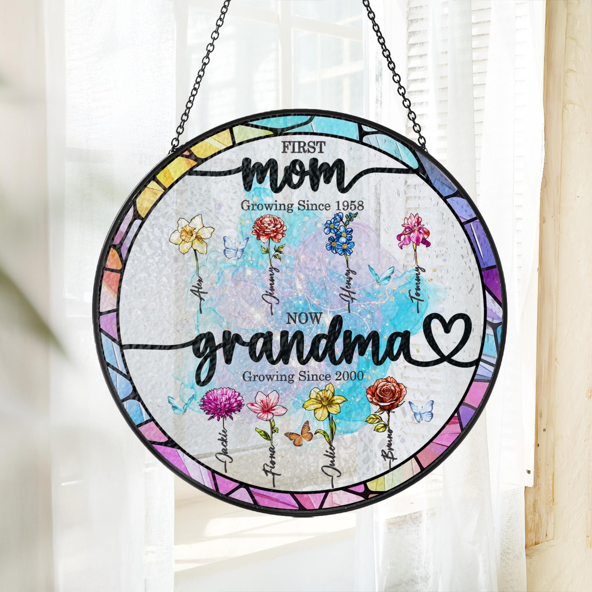 First Mom now Grandma Stained Glass Suncatcher, Grandma's Garden Suncatcher, Birth Flower Stained Glass Suncatcher Mothers Day Gift For Mom