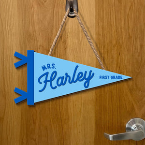 Personalized Teacher Pennant Flag Door Sign, Custom Teacher Name And Grade Sign, Back To School Gift, Teacher Gift, Class Welcome Sign