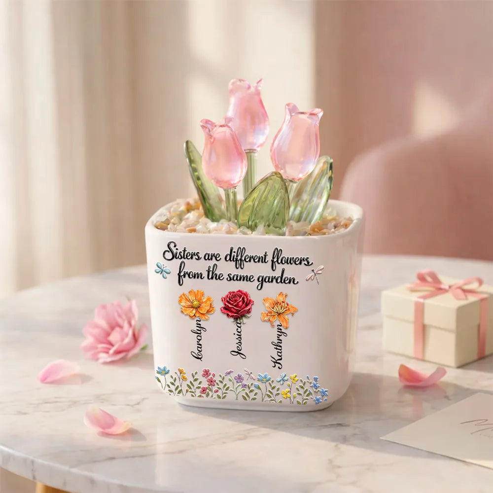Sisters Are Different Flowers From The Same Garden - Personalized Mini Glass Flower Pot - Gift For Sisters, Besties, Friends