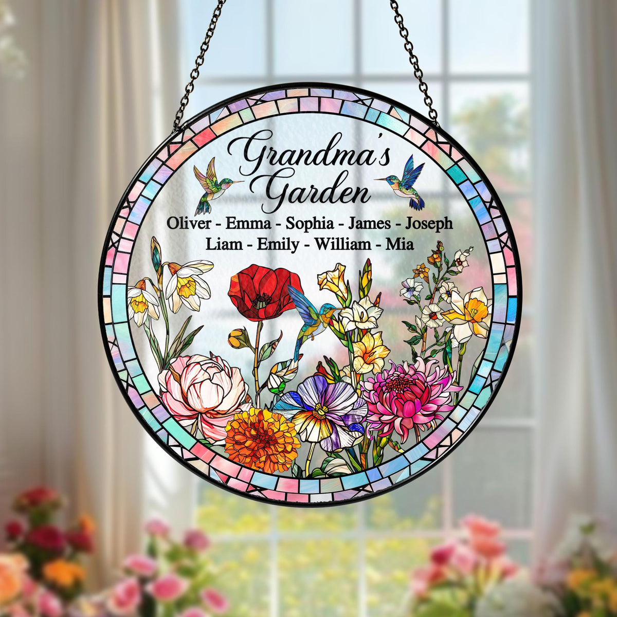 Personalized Birth Month Flowers Stained Glass Suncatcher, Hummingbird Suncatcher, Custom Grandma's Garden Gift, Grandkids Name Flower