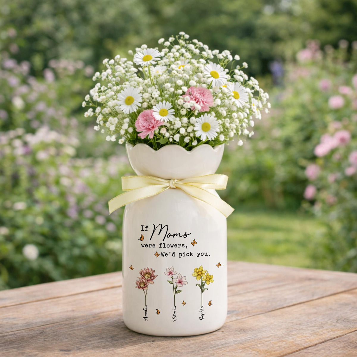 Personalized Mom Garden Ceramic Vase, Custom Birth Flower Vase for Mom, Grandma Garden Vase, Mother's Day Gift for Mom, Nana Gift