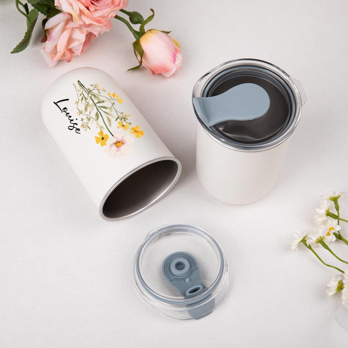 Personalized Floral Stainless Steel Tumbler, Bridesmaid Wedding Travel Cup 10oz, Gift For Her