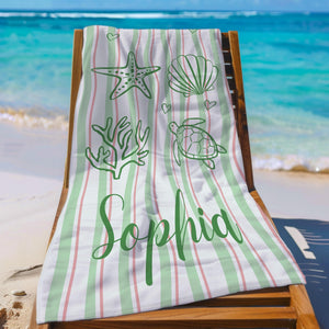 Personalized Shell & Sea Turtle Beach Towel, Custom Name Summer Beach Blanket, Spa, Pool, Travel, Fun Ocean Gift