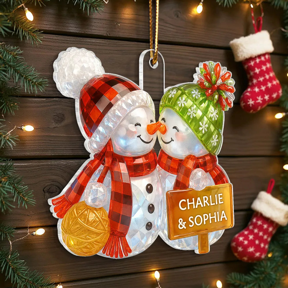3D Crystal Effect Kissing Snowman - Personalized Acrylic Ornament - Christmas Gift For Couple