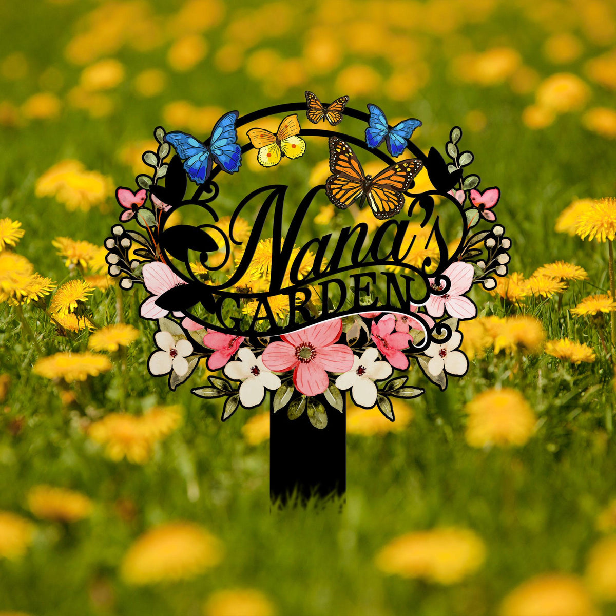 Personalized Nana's Garden Sign, Metal Garden Stake with Flowers and Butterflies, Outdoor Yard Decoration, Grandma Gift, Nana's Blessings