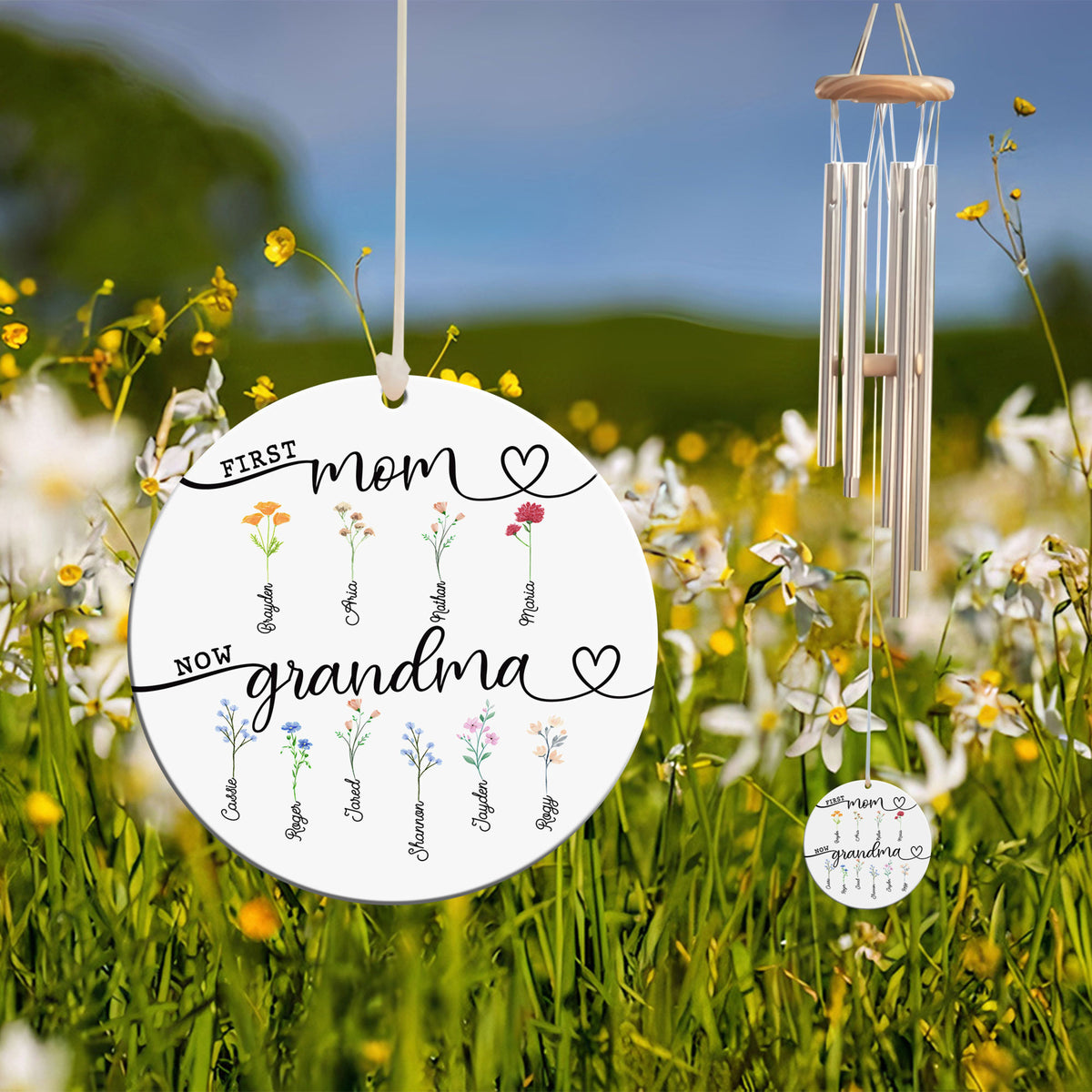 Personalized Grandma's Wind Chime, First Mom Now Grandma, Kid Name With Floral Sign, Grandma Gift Chime, Gift for Grandma, Home Decor