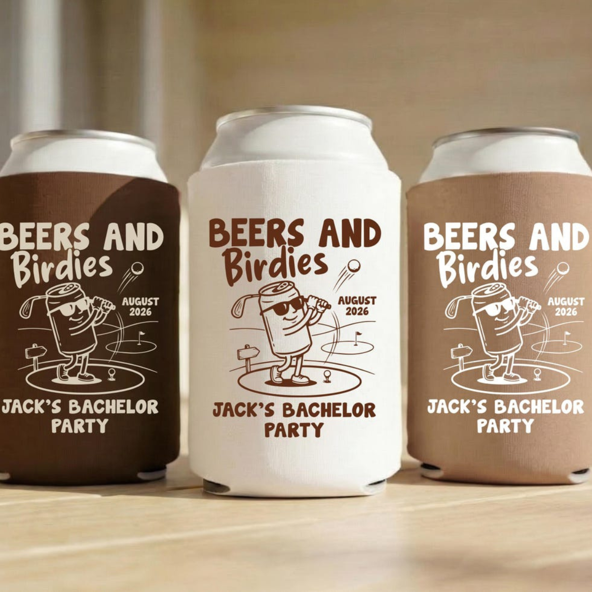 Beers and Birdies Can Cooler, Golf Party Favor, Custom Name Drink Sleeve, Golf Theme Gift, Groomsmen Party Favor, Bachelor Trip Gift