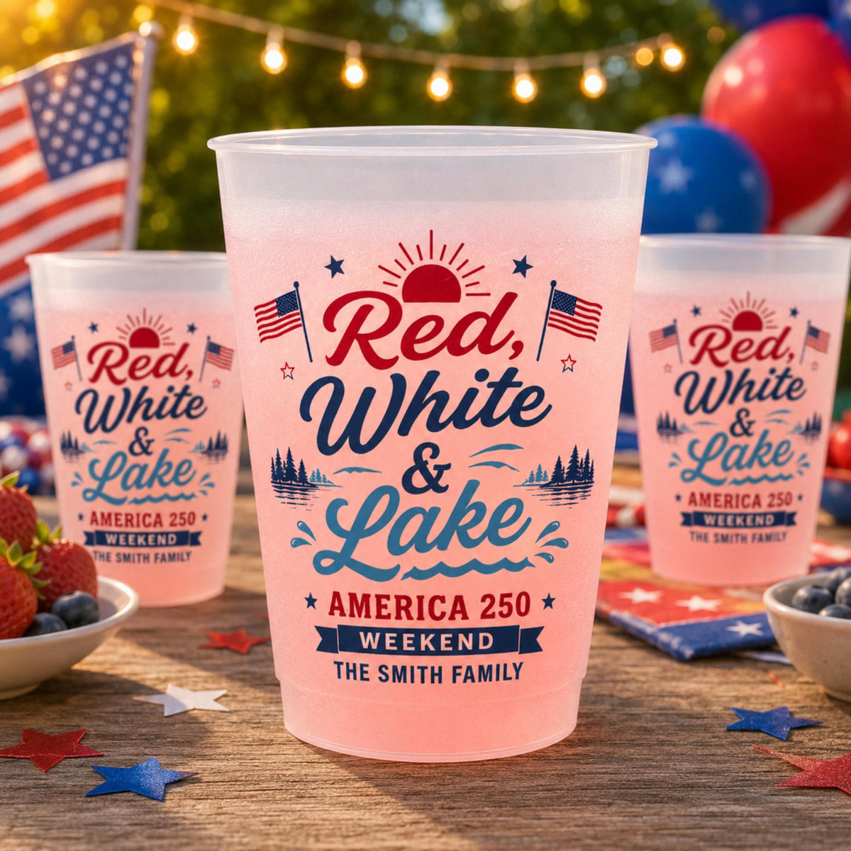 Red White and Lake Plastic Cups, Personalized Lake Weekend Stadium Cups, Custom America 250 Family Party Favors