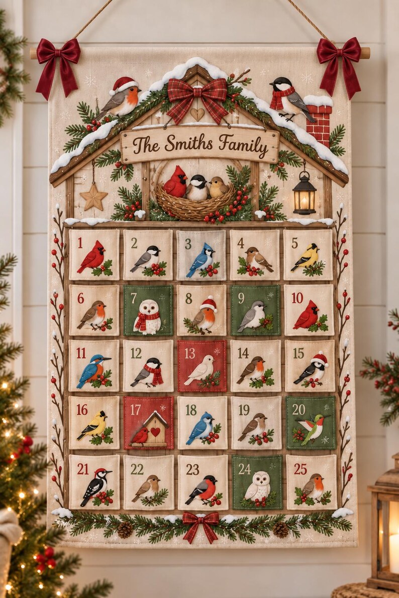 Personalized Bird Christmas Fabric Advent Calendar, 25 Day Pocket Countdown, Custom Family Name Quilted Wall Hanging, Bird Lover Xmas Decor 8a2f4a1a-0672-4f25-b2cf-d90248007c3d-il_794xN.8554973136_9r97.jpg