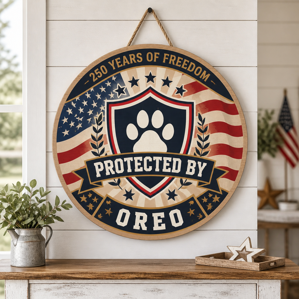Protected By [Pet Name] Patriotic Round Wood Sign - Personalized Wood Sign 8a4ebd4b-a832-4d86-a128-6dba38f67cfa.png