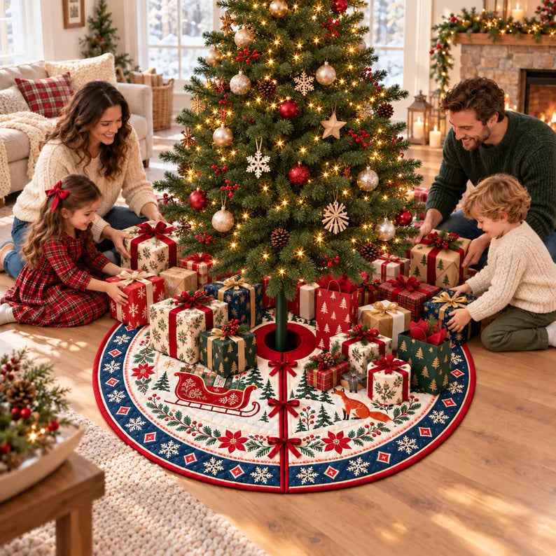 Scandinavian Red Sleigh Quilt Christmas Tree Skirt, Nordic Folk Art Gifts Deer Fox and Pine Forest Festive Holiday Tree Base Decor 8a78c185-4027-419f-bbb7-e367965ef7c2-gfrtt-3-.webp