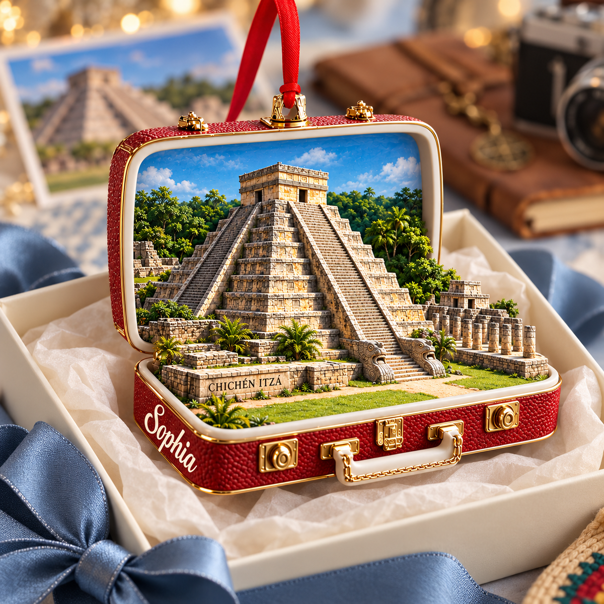 Personalized 3D Chichen Itza Suitcase Christmas Ornament – Yucatan Mexico Travel Souvenir & Gift for Mexico Lovers 8b1bd7be-a8ff-4757-b0c3-00a4c3315367-Chich-n-Itz-red-suitcase-ornament-3.png
