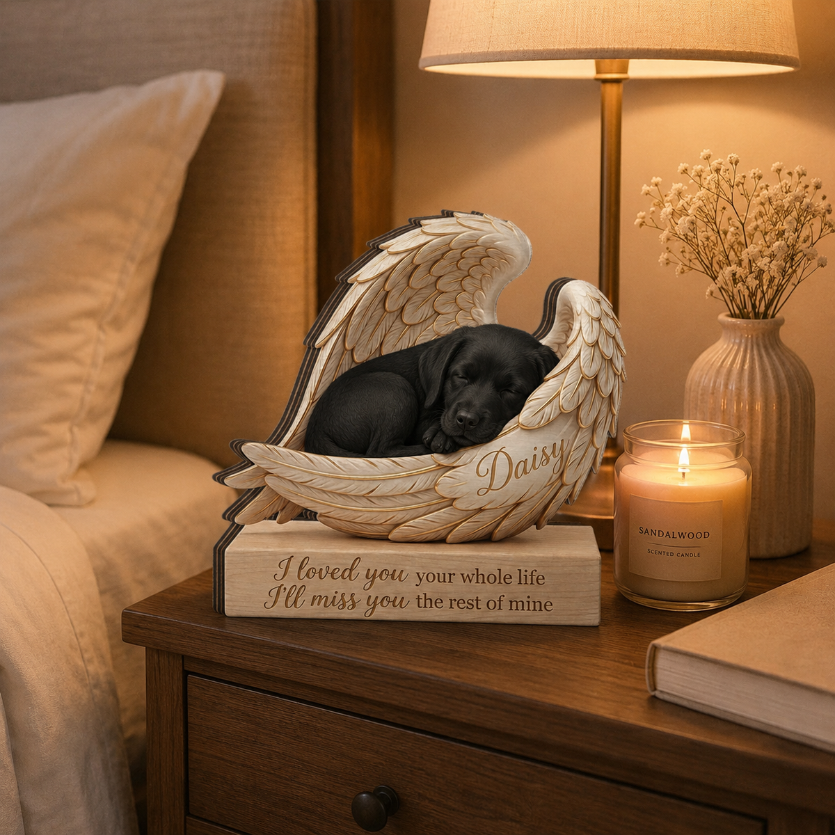 Personalized Wood German Shephed Memorial Block: Custom Angel Wing Dog Portrait Stand, Pet Sympathy Gift