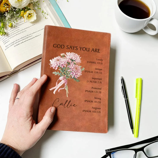 Personalised God Says You Are Bible Birth Flower LEATHER JOURNAL Birthday Inspirational Gift for Women Students