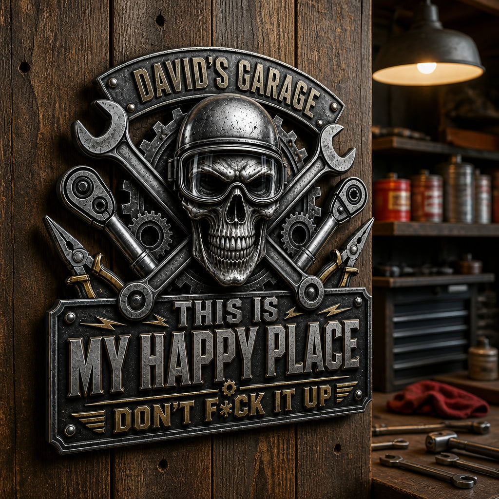 Personalized Garage Skull Metal Sign — This Is My Happy Place - Personalized Cut Metal Sign UV Printed 8cca1e59-5217-479a-a500-01f391f99a42.jpg