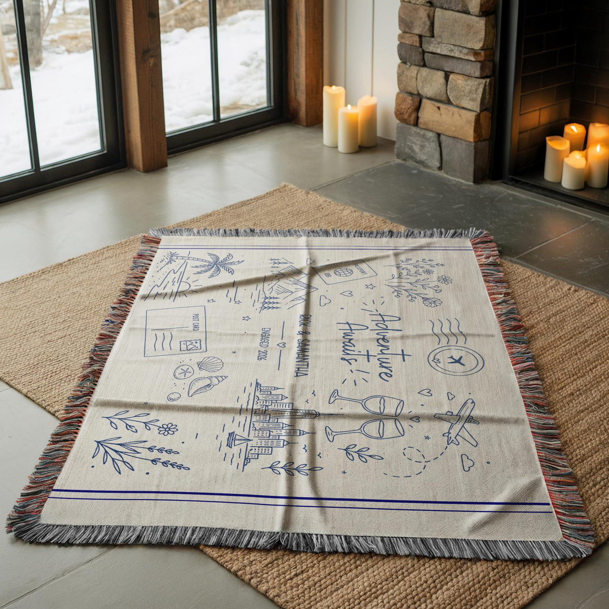 Personalized Couples Woven Throw Blanket | Adventure Awaits Moss Green Boho Stripe, Doodle Style Home Accent Wedding Engagement Anniversary 8d4d77c7-faf5-40f3-a18d-8afb850773f3-6.jpg