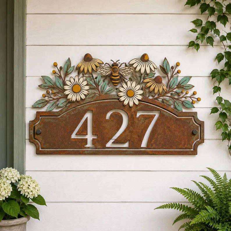 Custom Floral Address Sign, Personalized Metal House Number Plaque, Bee Flower Outdoor Wall Decor, Address Plaque,Housewarming Gift 8dbd311c-2f0b-4318-882a-0eafda23ed1c-rty-2-.webp