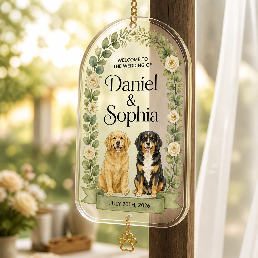 Personalized Wedding Welcome Flag with Pets — Names & Date - Personalized 1 Layered Suncatcher with Charm 8e247d52-79c6-44da-bad2-cf27cb80b4c5.jpg