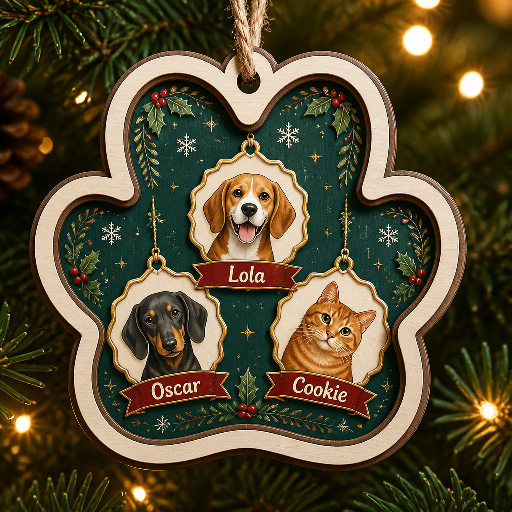 Custom Pet Paw Ornament – Photo Portraits with Names (3 Pets) - Personalized 3-Layered Wood Ornament 8e3e9431-afd8-4c04-b67b-e9676e002616.png