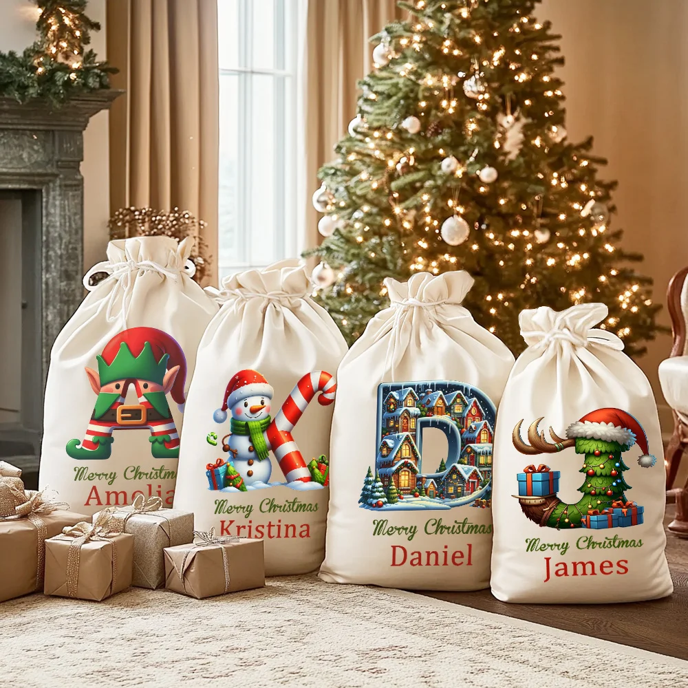 Personalised Christmas Tree Snowman Elf Igloo Drawstring Canvas Gift Bag with Name Initial Christmas Party Favors Gift for Kids Family