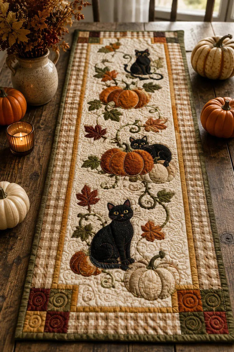 Black Cat Pumpkin Quilted Table Runner, Fall Harvest Table Decor, Autumn Patchwork Runner, Farmhouse Halloween Decor, Cat Lover Gift 8f0fb59b-a236-4e18-b5f1-cf966a4fc5f5-hjgy-1-.webp