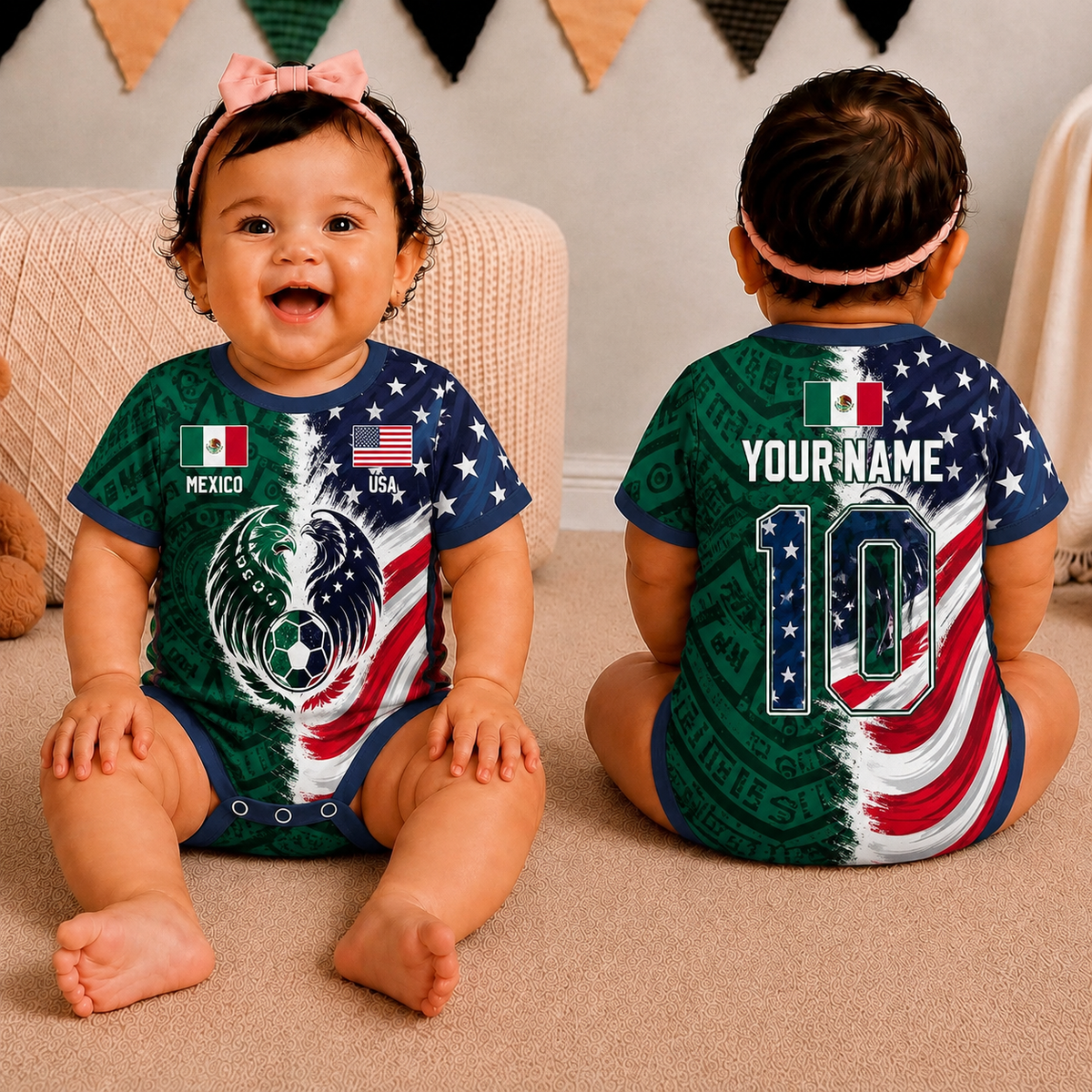 Custom Half USA Half Mexico Baby Bodysuit, Personalized Soccer Onesie, Mexico USA Binational Football Soccer Onesie, Soccer Fan Gift Jersey