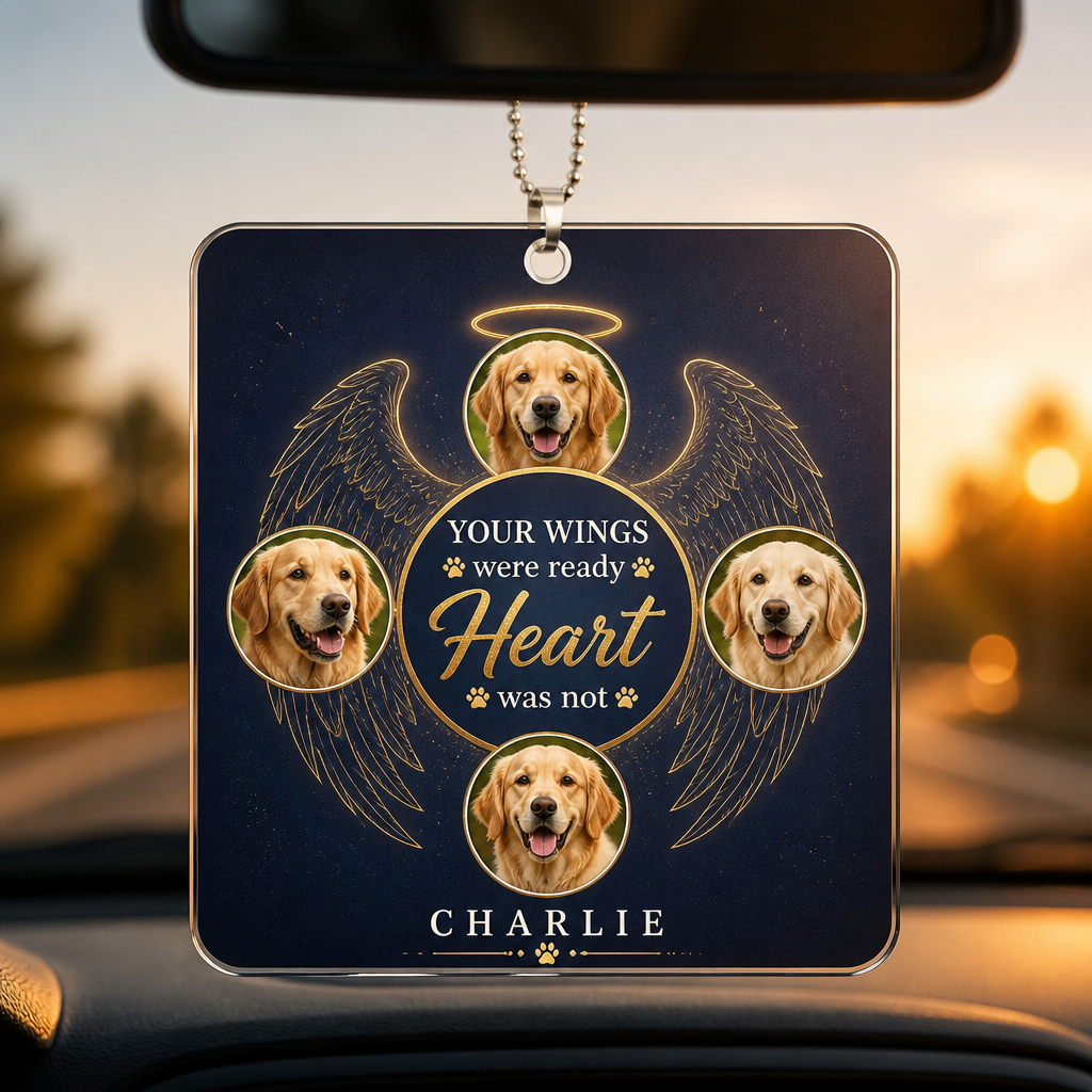 Pet Memorial Car Suncatcher Ornament – Your Wings My Heart – 4-Photo Collage with Name - Personalized Suncatcher Ornament 8fc59186-d149-40ef-8822-364d77dc9fbf.png