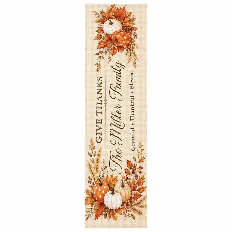 Custom Family Thanksgiving Table Runner Linen 70x13in, Personalized Pumpkin Fall Table Decor, Give Thanks Autumn Dining Table Runner 8fcc6a09-671b-47b5-98d7-d21c9a72fc74--tghnj-2-.webp
