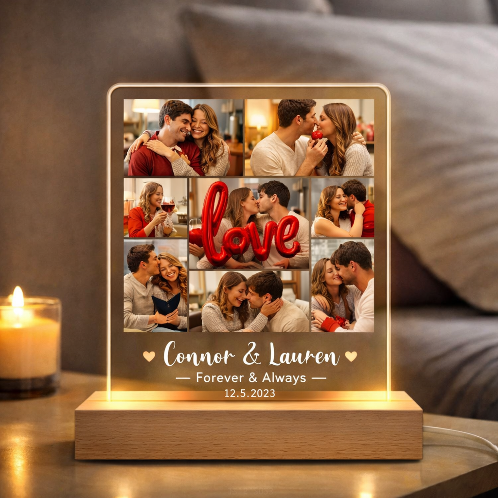 Personalized Photo Collage Night Light, Couple Photo LED Light, Acrylic Plaque Gift for Boyfriend, Anniversary for Couple, Valentine Gifts