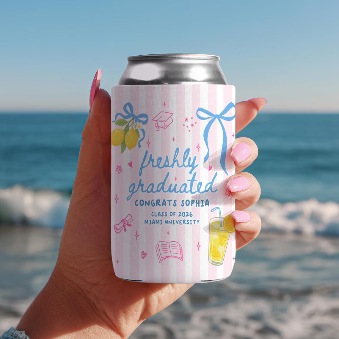 Personalized Summer Vibe Graduation Can Cooler, Striped Graduate Can Cooler, Congrats College Graduate Party Favors, Graduation Party Favors
