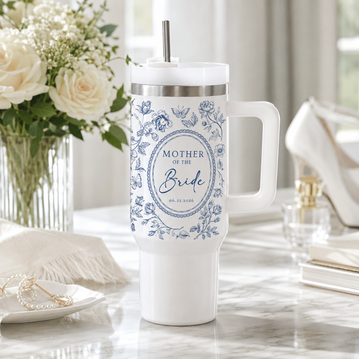 Blue Toile Mother Of the Bride Tumbler 40oz, Personalized Mother Of The Groom Tumbler With Handle, Blue Floral Toile De Jouy Wedding Cup 9018419f-1162-4e93-9c83-cf0fa205c0b1-banner-1.png