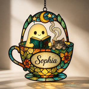 Stained Glass Teacup Suncatcher – Reading Ghost & Cat – Custom Name - Personalized Suncatcher Stained Glass 90287b0c-a83f-441e-a363-25704fb49f16.jpg