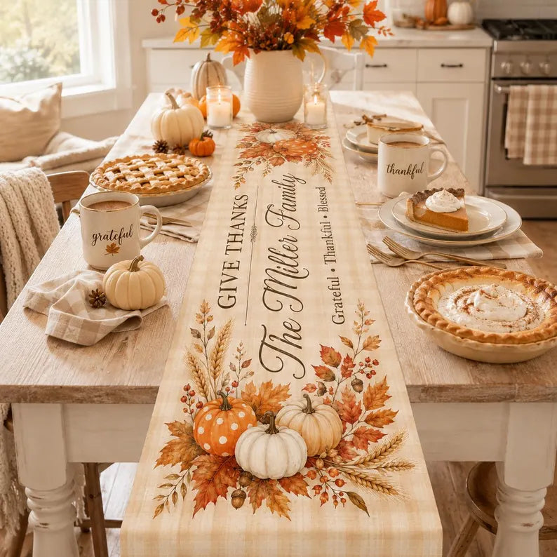 Custom Family Thanksgiving Table Runner Linen 70x13in, Personalized Pumpkin Fall Table Decor, Give Thanks Autumn Dining Table Runner 902c276b-dba1-4c6b-800d-ac4791622241--tghnj-3-.webp