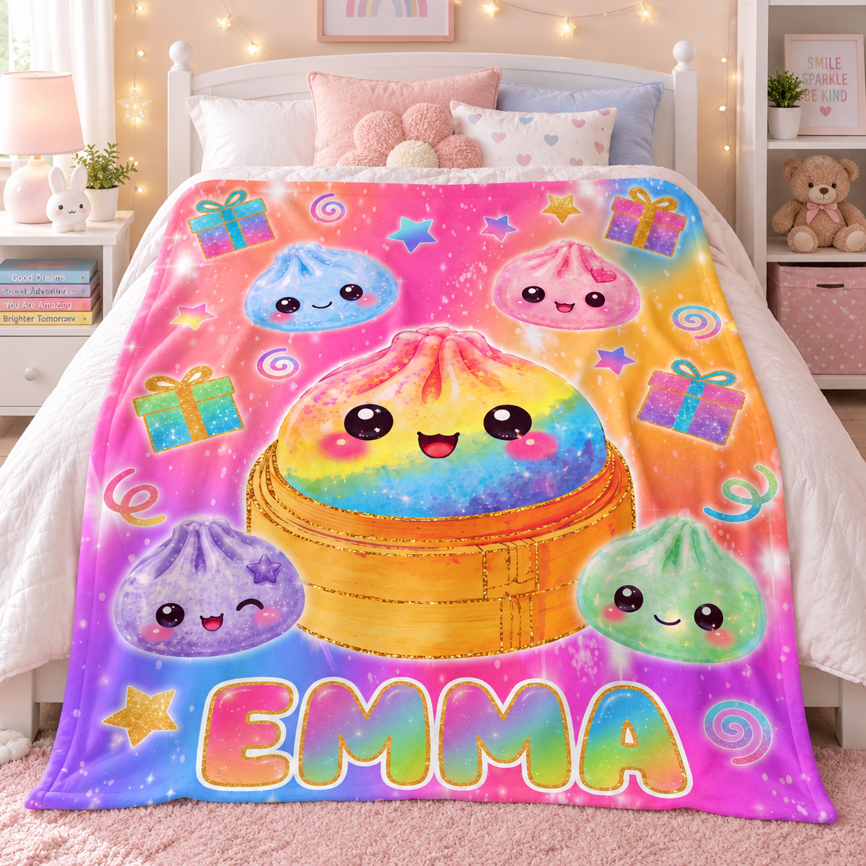 Personalized Kawaii Blanket for Kids, Custom Name Flannel Throw, Rainbow Dumpling Bao, Fidget Toy Sensory Blanket, Birthday Gift for Girls 909b0a77-f932-4be5-bdd5-43ed816ab17b-banner-1.png