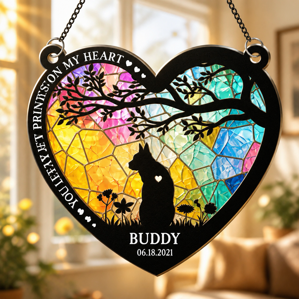 Cat Memorial Stained-Glass Suncatcher – Paw Prints On My Heart - Personalized Suncatcher Stained Glass 90b289e0-c8b6-494c-990f-e84162a012fd.png