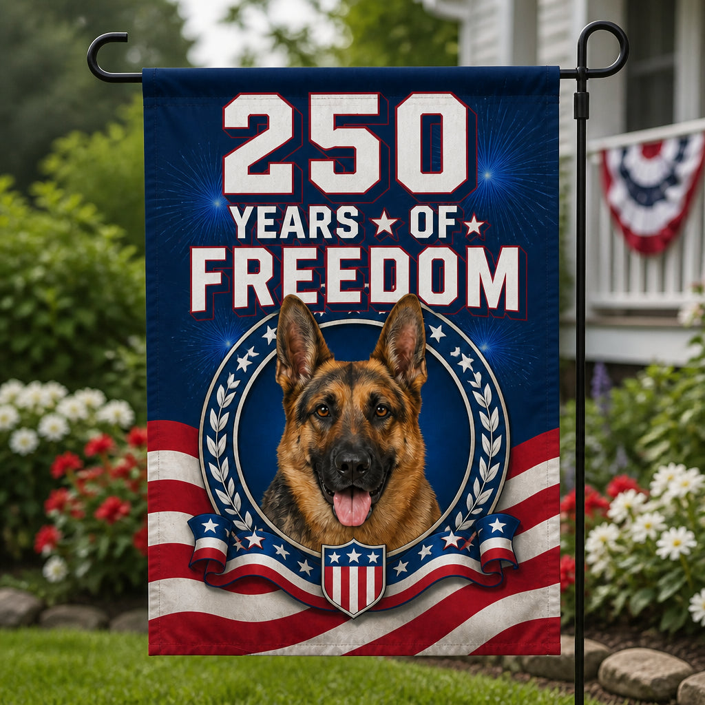 Patriotic German Shepherd — 250 Years of Freedom Garden Flag - Family Flag 90d8ed3f-8bb7-4cad-96aa-e67a910e7a88.jpg