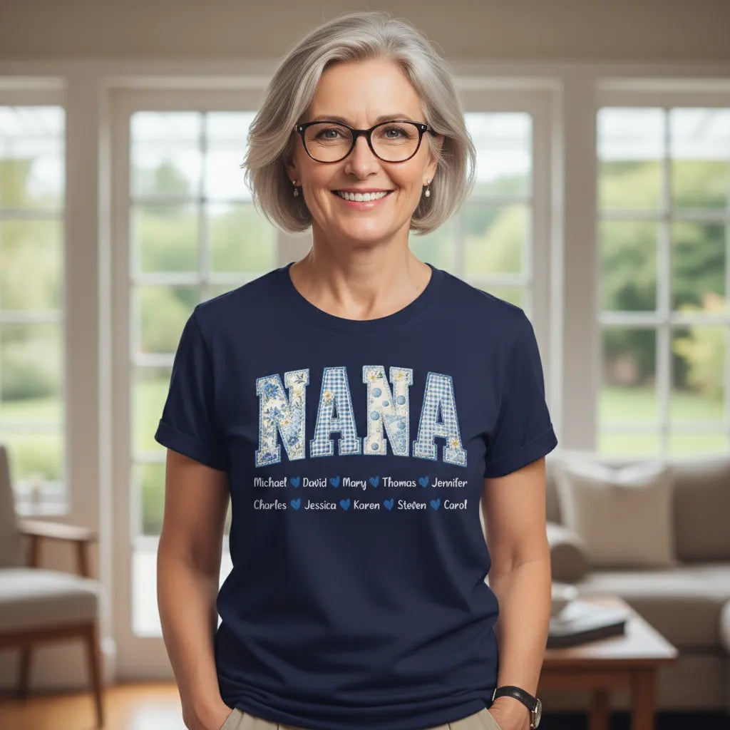 Mama Blue Toile Patchwork Floral - Personalized T-shirt