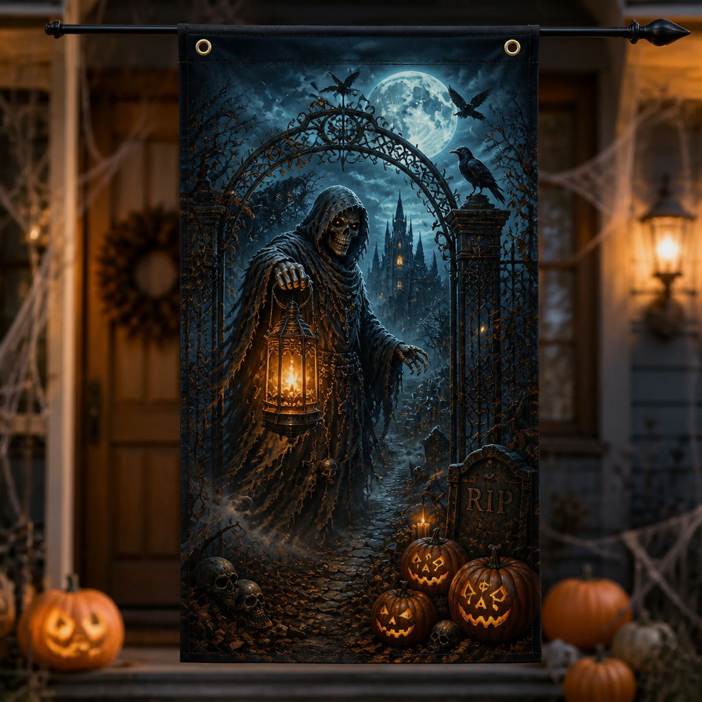 Haunted Reaper Lantern Door Flag – Halloween Gothic Banner - Flag 90f16f37-f0e4-417f-9e4d-88b4be2b1eb6.png