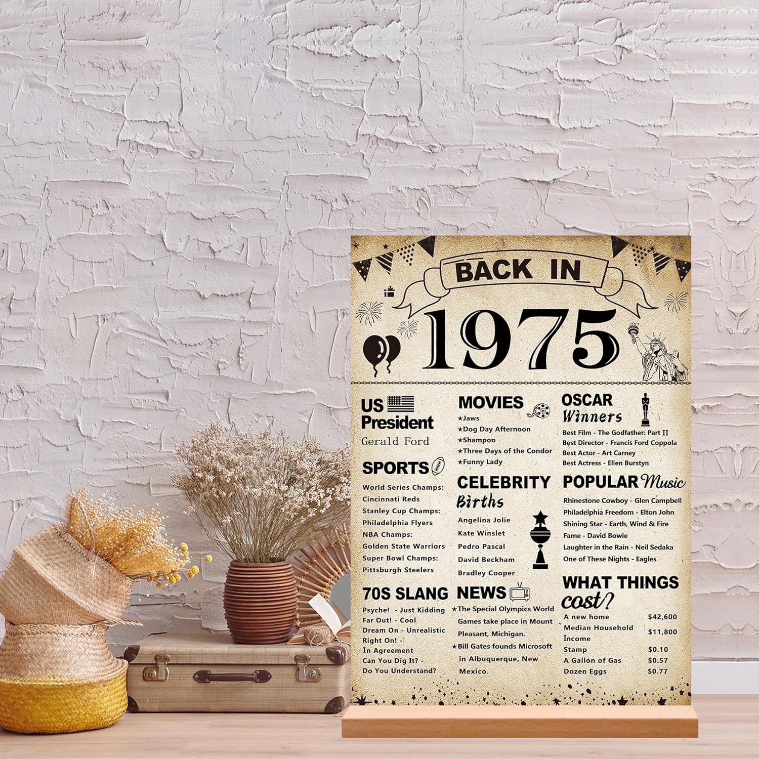 50th Birthday Party Decorations, Vintage Back in 1975 Poster Acrylic Sign with Stand 50 Year Old Party Supplies for Men& Women Vintage 1975 Table Decor 50th Anniversary Class Reunion Gifts