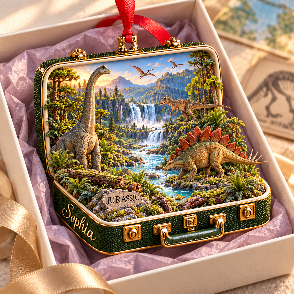 Personalized Jurassic Dinosaur 3D Suitcase Christmas Ornament – Prehistoric Keepsake & Gift for Dinosaur Lovers 917bfa85-f76c-4b9e-a31c-33d98c427687-Jurassic-diorama-suitcase-in-a-gift-box-2.png