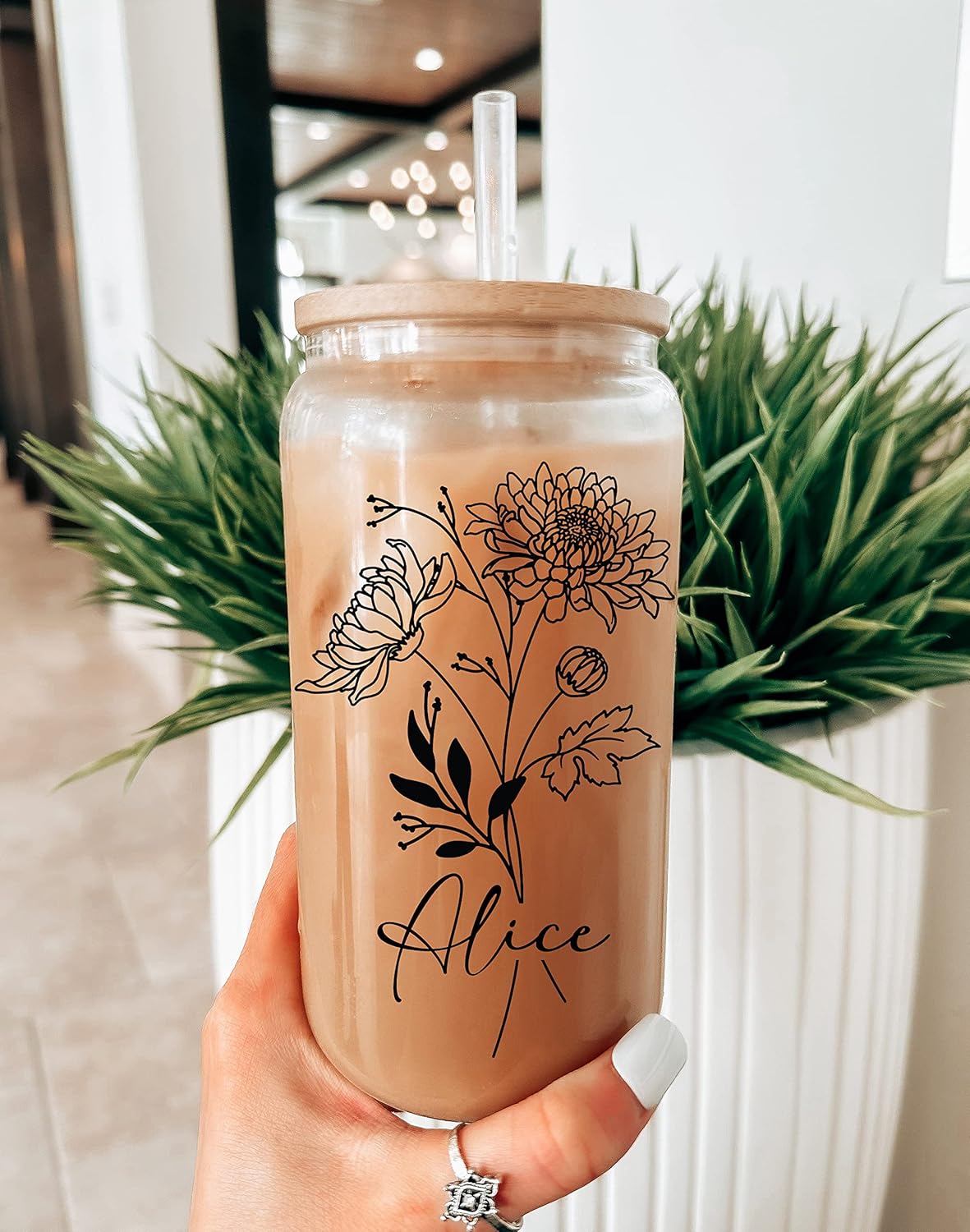 Personalized Birth Flower Glass Cup with Lid & Straw, 16oz Custom Name Mason Jar Tumbler, Dishwasher Safe Iced Coffee Cup, Floral Bridesmaid or Birthday Gift for Women, Glass Straws