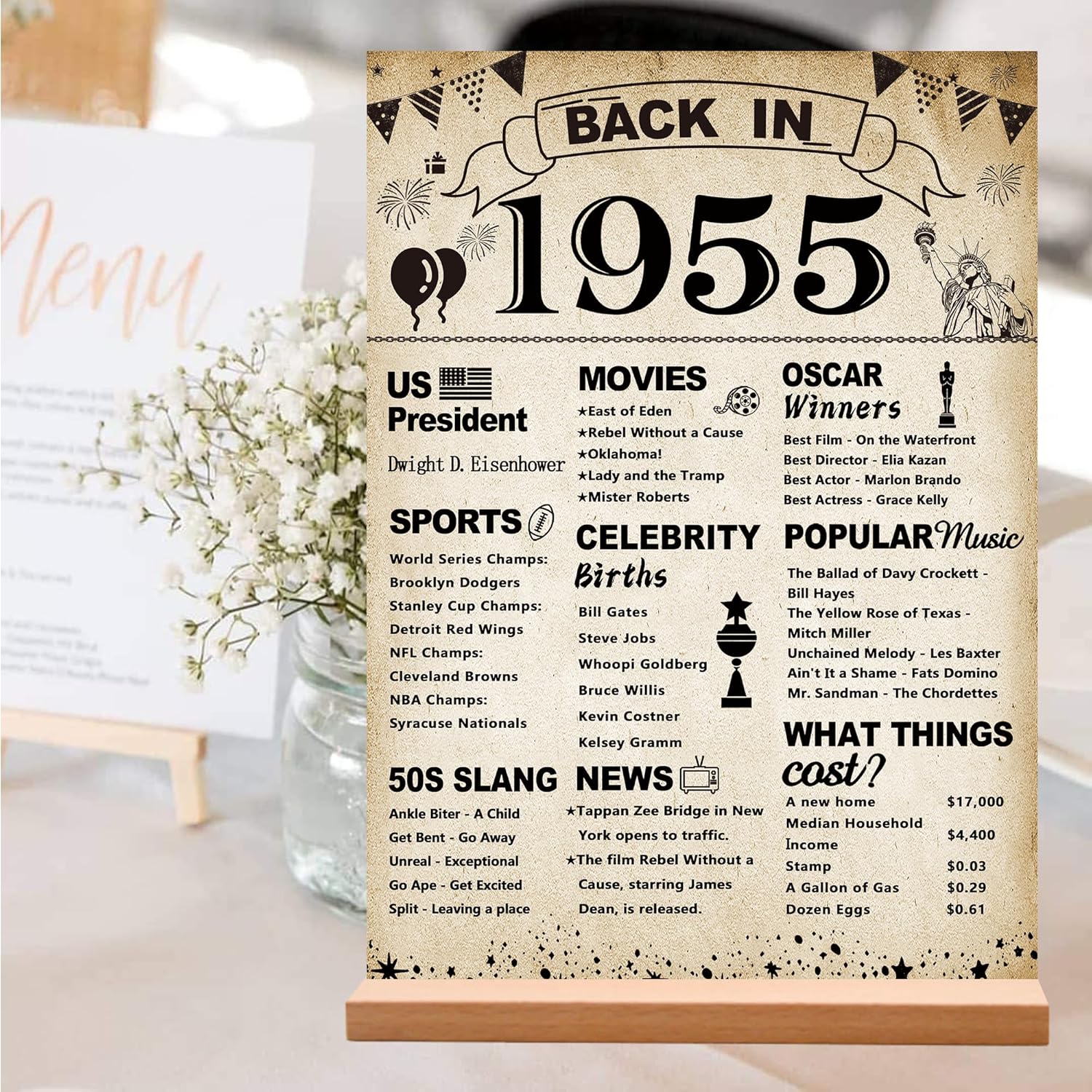 70th Birthday Party Decorations, Vintage Back in 1955 Poster Acrylic Sign with Stand 70 Year Old Party Supplies for Men& Women Vintage 1955 Table Decor 70th Anniversary Class Reunion Gifts