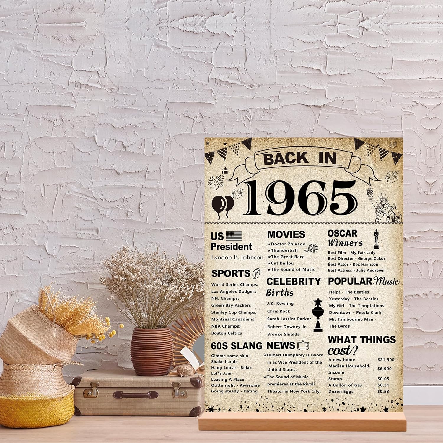 60th Birthday Party Decorations, Vintage Back in 1965 Poster Acrylic Sign with Stand 60 Year Old Party Supplies for Men& Women Vintage 1965 Table Decor 60th Anniversary Class Reunion Gifts