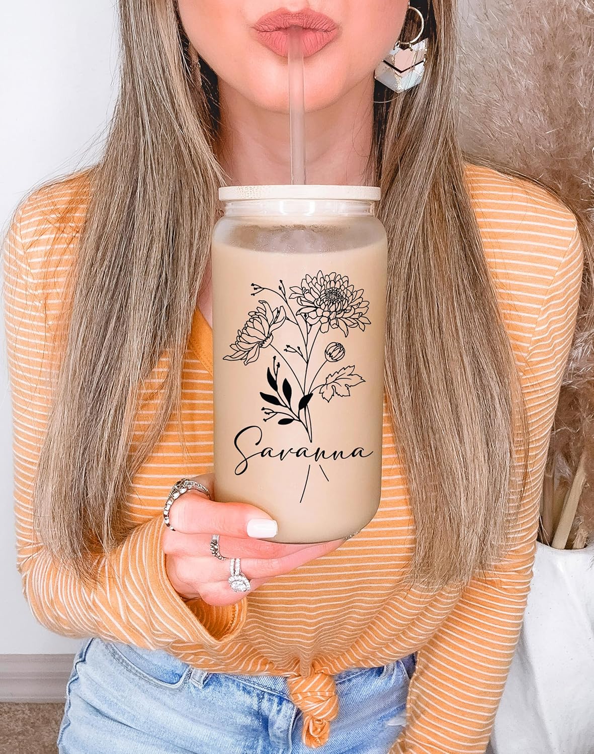 Personalized Birth Flower Glass Cup with Lid & Straw, 16oz Custom Name Mason Jar Tumbler, Dishwasher Safe Iced Coffee Cup, Floral Bridesmaid or Birthday Gift for Women, Glass Straws