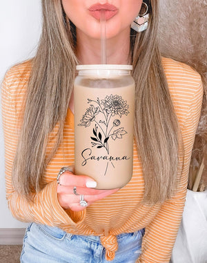 Personalized Birth Flower Glass Cup with Lid & Straw, 16oz Custom Name Mason Jar Tumbler, Dishwasher Safe Iced Coffee Cup, Floral Bridesmaid or Birthday Gift for Women, Glass Straws