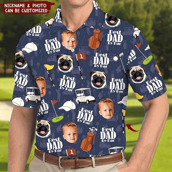 Personalized Dad Polo Shirt - Best Dad by Par Shirts with Kid Face, Golf Polo Shirt, Grandpa Gifts for Fathers Day