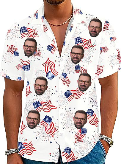 4th of July Custom Face Hawaiian Shirts for Men American Flag Patriotic Short Sleeve Button Down Outfits