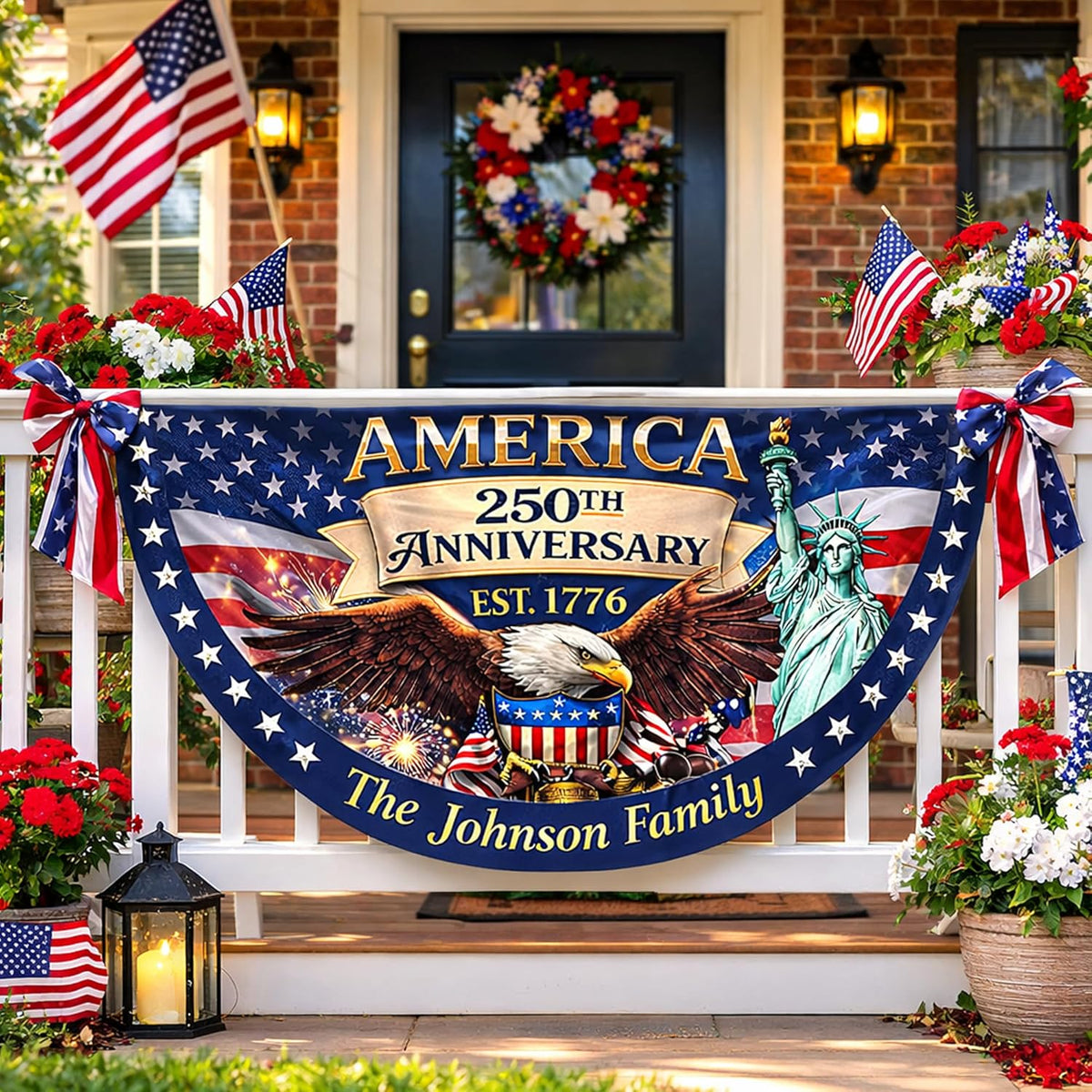 Personalized USA 250th Anniversary Bunting Flag with Family Name, Custom America 250th Birthday Bunting Flag, America 1776 2026 Patriotic Eagle Design Banner, 4th of July Decor