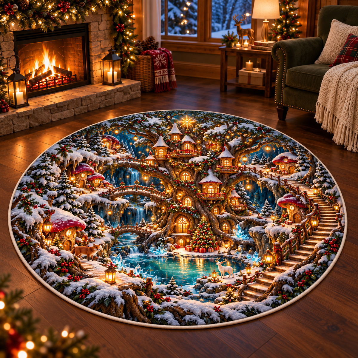 Fantasy Forest Christmas 3D Illusion Round Rug, Enchanted Treehouse Village Floor Mat, Fairy Tale Winter Area Carpet, Whimsical Holiday Home Decor 91b3a692-a41a-4e90-9a93-ff2169db0b51-Fantasy-Christmas-Forest-Rug-in-Cozy-Cabin-3.png