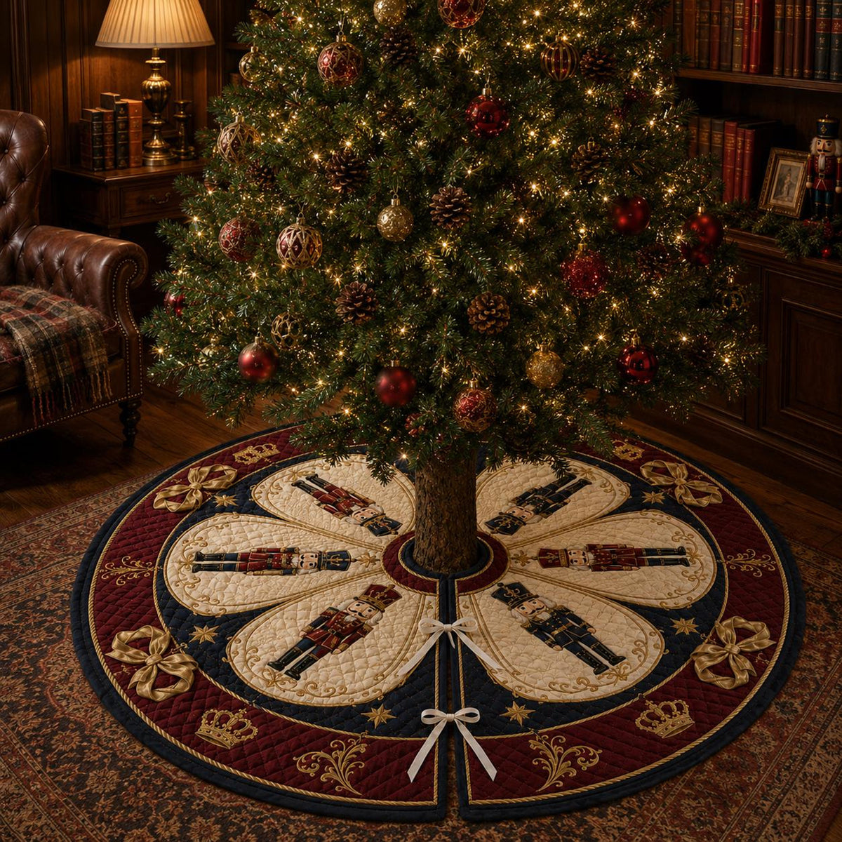 Nutcracker Christmas Tree Skirt, Quilted Holiday Tree Skirt, Royal Red Navy Gold Christmas Decor, Elegant Xmas Home Decor 91da80ba-b6d9-449b-b470-72122cb9dd90-2.jpg